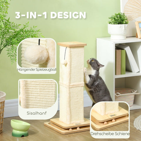 Rootz 3-in-1 Scratching Post - Cat Play Rail - Interactive Play Ball - Sisal-covered Post - MDF Base - 34L x 34W x 67H cm