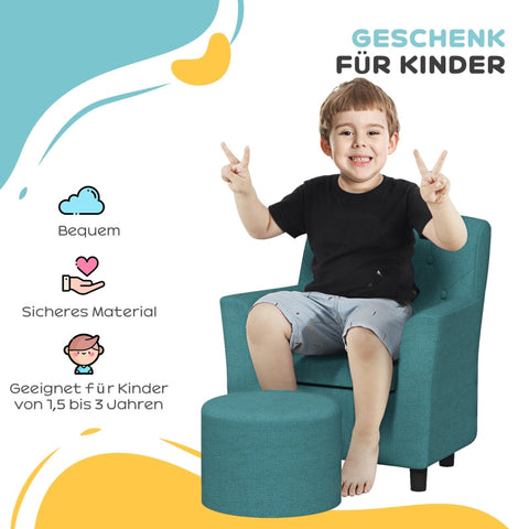 Rootz Kids Armchair Set - Children's Sofa - Matching Ottoman - Stylish Diamond Backrest - Wooden Frame - Cozy Padding - Blue - 45cm x 43cm x 50.5cm