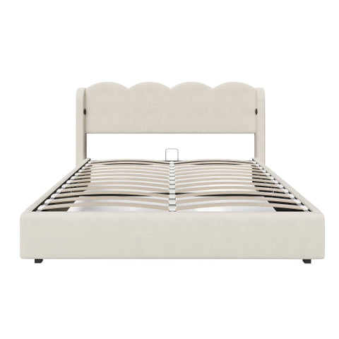 Rootz Double Bed - Wavy Headboard - Hydraulic Storage - Velvet Optics - USB Ports - 205cm x 148cm x 96cm