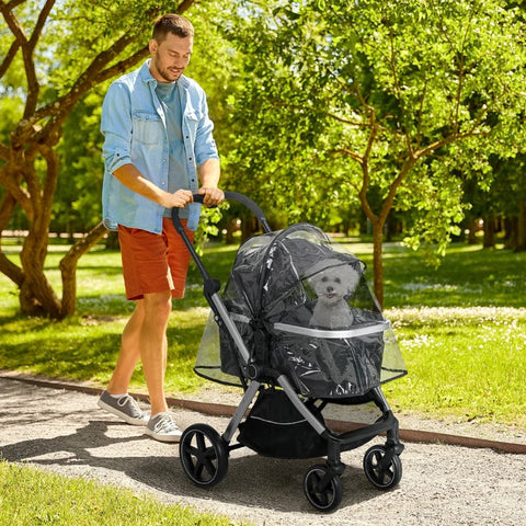 Rootz Dog Stroller - Dog Buggy - Foldable - 2 Safety Leashes - Rain Cover - Black - 84cm x 58cm x 110cm