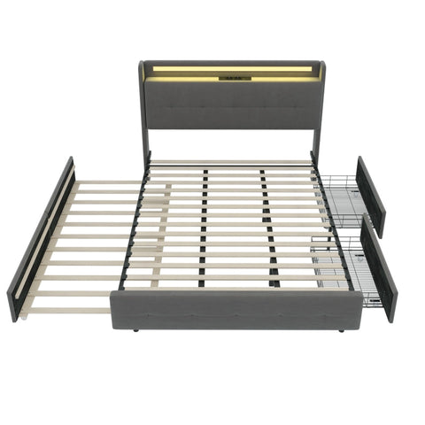 Rootz Gray Double Bed - USB Charging Headboard - LED Light - Storage Drawers - Eco-Friendly - 222L x 148.5W x 113H cm