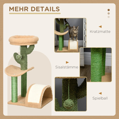 Rootz Cactus Design Cat Tree - Scratching Post - Climbing Cat Tree - Sisal Wrapped Posts - Chipboard Base - Teddy Velor - 40cm x 35cm x 72cm