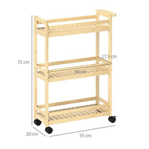 Rootz 3 Floor Bamboo Serving Cart - Storage Car - Rolling Trolley - Mold-Free Slat Shelves - 55cm x 20cm x 75cm