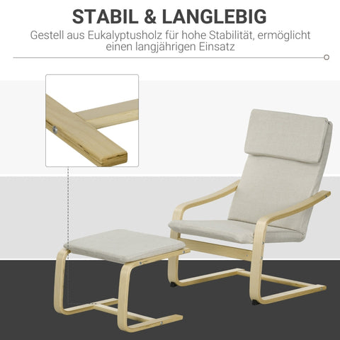 Rootz Armchair Set with Footstool - Upholstered Lounge Chair - Wooden Frame - Lightweight & Compact - Breathable Linen Fabric - Cream+Natural - 66.5cm x 80cm x 99cm