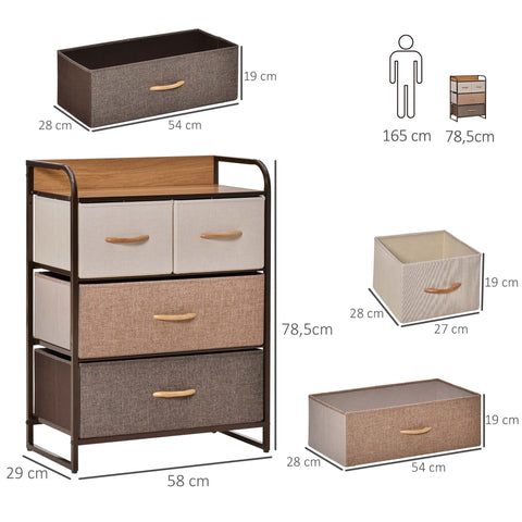 Rootz Storage Cabinet Chest of Drawers - Dresser - Fabric Drawers - Durable Storage Solution - 58cm x 29cm x 78.5cm