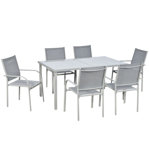 Rootz 7 Piece Garden Furniture Set - Outdoor Patio Set - Stackable Dining Set - Steel & Glass - Table 150x90x72cm, Chairs 55x60x87cm