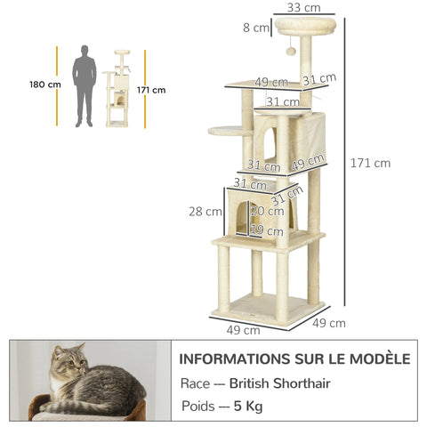 Rootz Cat Tree - Climbing Tree - Scratching Post - Multi-Level Fun - 171cm Height - 49W x 49D x 171H cm