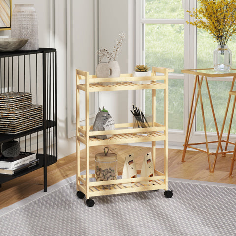 Rootz 3 Floor Bamboo Serving Cart - Storage Car - Rolling Trolley - Mold-Free Slat Shelves - 55cm x 20cm x 75cm