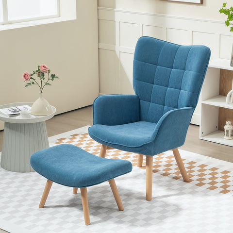 Rootz Accent Chair with Stool - Relaxation Chair - Armchair Set - Comfort with Wooden Legs - 72cm x 80cm x 101cm - Blue