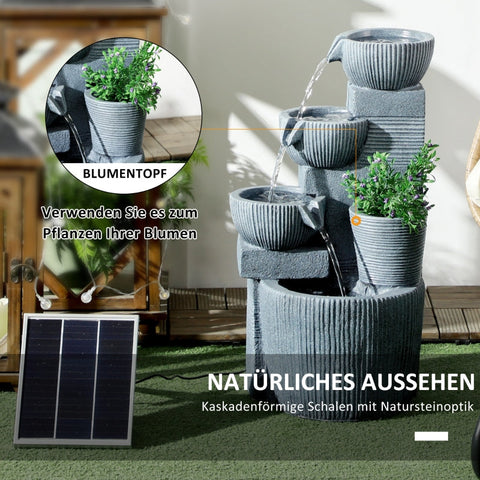 Rootz Garden Fountain - Outdoor Water Feature - Solar-Powered Fountain - 4 Levels - LED Lights - 57cm Height - Dark Gray - Resin