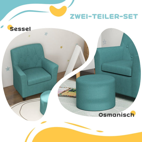 Rootz Kids Armchair Set - Children's Sofa - Matching Ottoman - Stylish Diamond Backrest - Wooden Frame - Cozy Padding - Blue - 45cm x 43cm x 50.5cm