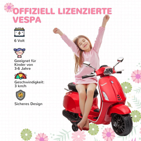Rootz 6V Vespa Electric Motorcycle - Kids Motorcycle - Ride-On Electric Bike - Glowing Headlights - Music - FM Radio - Stable Wheels - 107cm x 47cm x 73cm