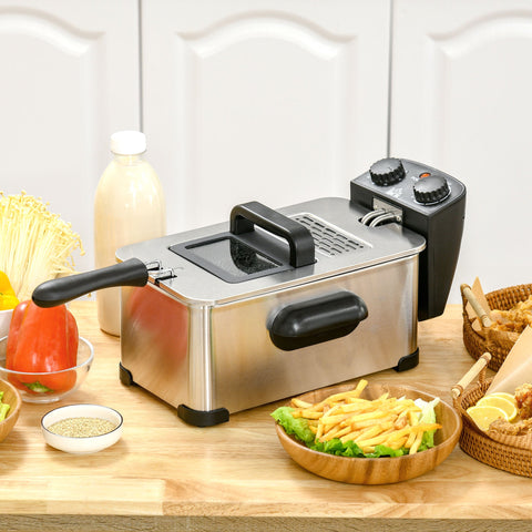 Rootz 3L Deep Fryer - Oil Cooker - Electric Fryer - 2000W Power - Black and Silver- Transparent Lid - 40.5cm x 24cm x 20.8cm