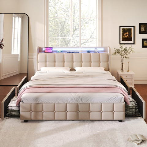 Rootz Padded Double Bed - Upholstered Bed - Linen Bed - USB Charging & LED Lighting - Beige - 144.5cm x 220cm x 103.5cm