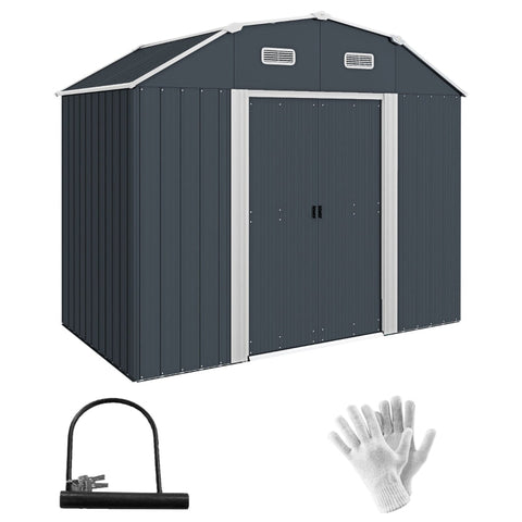 Rootz Garden Shed - Tool Shed - Storage Shed - Weather Resistant - 2 Windows - 2 Doors - 238cm x 132cm x 198.5cm - Dark Gray - Galvanized Steel