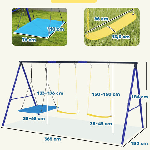 Rootz Swicken 3-Child Swing Set - Outdoor Playset - Garden Swings - Durable Steel Frame - 365cm x 180cm x 184cm