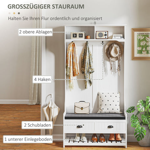 Rootz Wardrobe Stand with Hook - Cloakroom with Bench - Hallway Organizer - Tilt Protection - 89cm x 42cm x 172cm