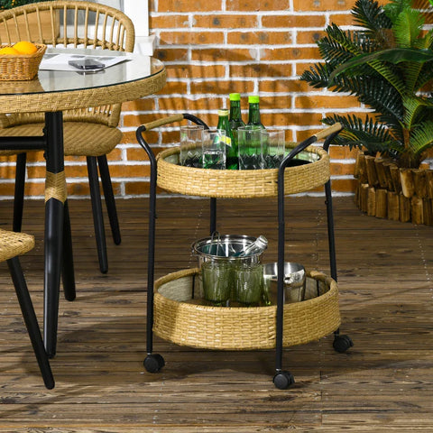 Rootz Outdoor Serving Trolley - 2 Tier Brakes - Polyrattan - Metal Frame - Steel-PE Rattan - Yellow-Black - Φ50 x 66H cm