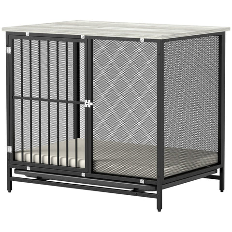 Rootz Dog Crate - Pet Kennel - Puppy Enclosure - Comfortable Mat - Lockable Door - Steel Grille - Easy to Clean Tray - Gray+Black - 80cm x 55cm x 71cm