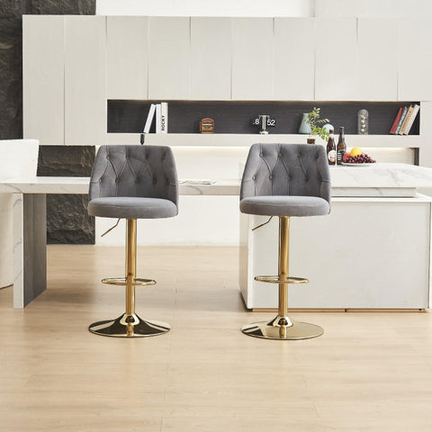 Rootz 2 Piece Set Bar Stool - Adjustable Stools - Modern Swivel Chairs - Soft Velvet Fabric - 48cm x 54cm x 92-113cm