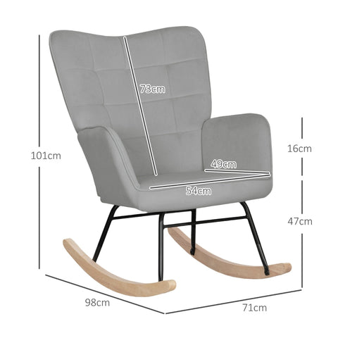 Rootz Rocking Chair, Nursery Chair - Relaxing Armchair - Velvet Fabric - Ergonomic Design - Beech Wood - 98cm x 71cm x 101cm