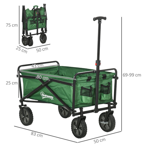 Rootz Foldable Trolley Transport Car - Utility Cart - Garden Wagon - 40kg Load - Adjustable Handle - 83x50x69-99cm Green and Black