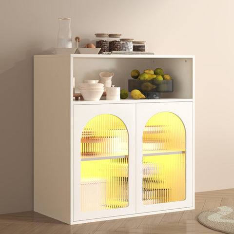 Rootz Sideboard with Glass Door - Storage Cabinet - Kitchen Cabinet - LED Lighting - 70cm x 35cm x 90cm