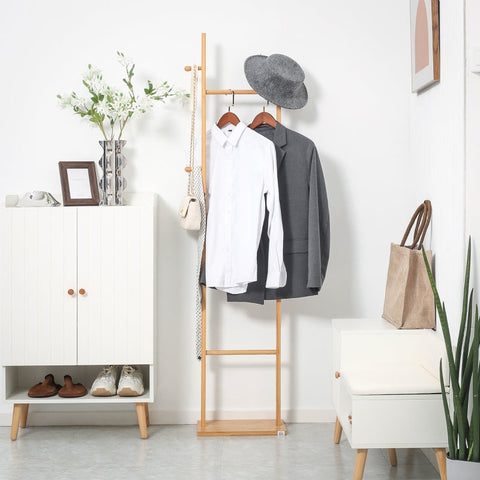 Rootz Coat Stand - Bamboo Clothes Rack - Entryway Organizer - 2 Hooks 3 Poles - Sturdy Base - Natural Finish - 36cm x 24cm x 168cm
