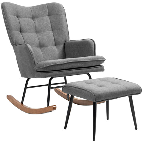 Rootz Rocking Chair with Matching Footstool - Nursery Chair - Glider Chair - Dark Gray - Polyester & Beech Wood - 64cm x 89cm x 90cm