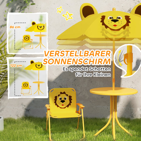 Rootz Children's Garden Furniture Set - Kids Chairs & Table - Lion Design - Adjustable Parasol - Easy Storage - Chair 36.5x38.5x50cm, Table Ø49.5x50h cm