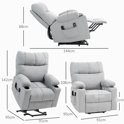 Rootz Stand-Up TV Recliner - Massage Chair - Footrest Recliner - 135° Recline - Oversized Design - Easy Assembly - Light Gray - 91cm x 95cm x 109cm