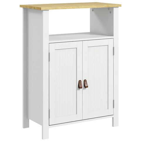 Rootz Low Bathroom Cabinet - Vanity Storage Unit - White & Natural Finish - Adjustable Shelves - 60W x 30D x 80.5H cm