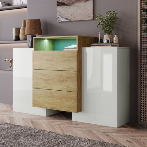 Rootz Modern Sideboard - High Gloss White - Stylish Storage Unit - Adjustable LED Lighting - 140L x 30W x 77.5H cm