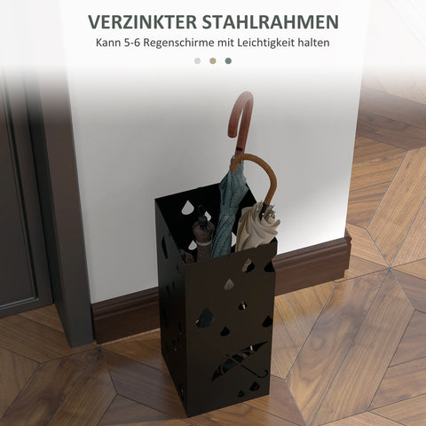 Rootz Umbrella Stand - Hallway Organizer - Rain Accessory - Galvanized Steel - Rust-Resistant - 4 Hooks - Black - 15.5 x 15.5 x 40 cm