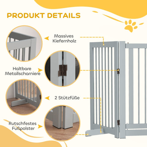Rootz Free-Standing Dog Gate with Door - Wooden Pet Safety Fence - 4 Panel Foldable Design - High Stability - Gray - 204cm x 36cm x 75cm