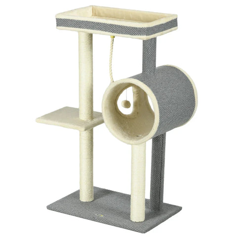 Rootz Cat Scratching Post - 1 Cat Cave - 2 Lying Surfaces - Chipboard - Plush - Imitation Linen - Gray + Natural - 60 cm x 40 cm x 104 cm