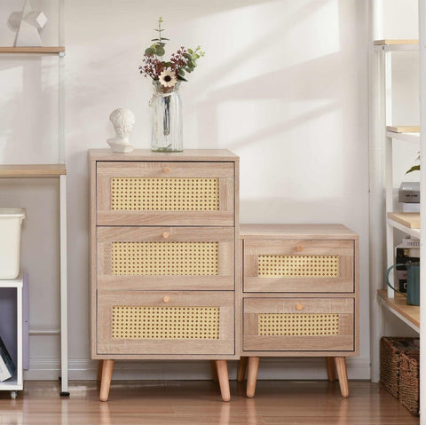 Rootz Oak Effect 3 Drawer Chest - Rattan Dresser - Bedroom Storage - Durable Design - 79.5H x 48.6W x 48.5D cm