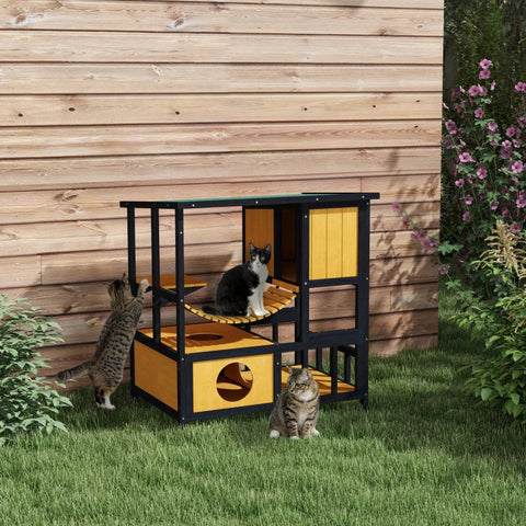 Rootz Cat House - Weather Resistant - Cat Cave - 1 Ramp - 1 Platform - Wooden Frame Construction - Pine Wood-fir Wood - Black-Yellow-Green - 84.5L x 60W x 88H cm