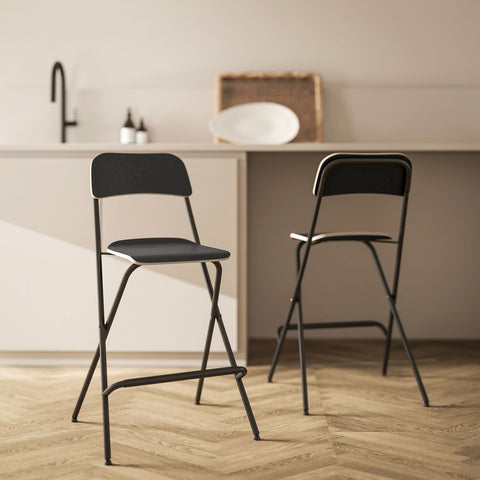 Rootz 2 Set Bar Stools - Foldable Bar Chairs - Black Kitchen Seating - Space-Saving Design - 52cm x 48cm x 96cm