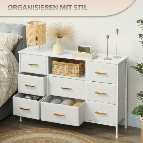 Rootz Chest of Drawers 8 Drawer Storage Cabinet - Dresser - Sideboard - Built-in Power Strip - White - 110x30x76cm - Soft Boucle Fabric, Stylish, Spacious