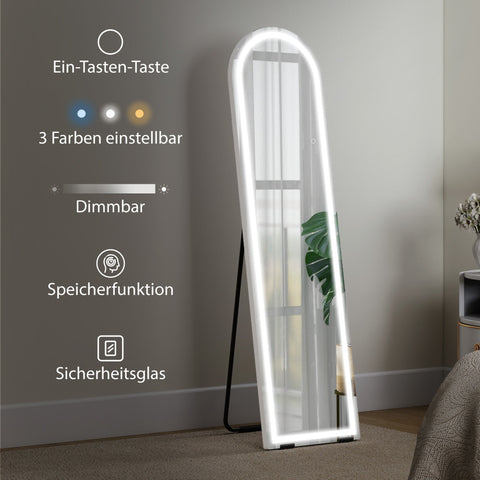 Rootz Full Length Mirror with LED Lights - Dressing Mirror - Vanity Mirror - Dimmable Lighting - Arch Shaped - White - 150 x 40 cm