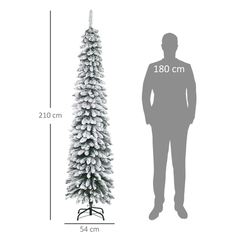 Rootz 210cm Artificial Christmas Tree - Snow-Covered Branches - Festive Decor - Narrow Design - Fireproof - Metal Stand - Green+White - 54cm x 54cm x 210cm