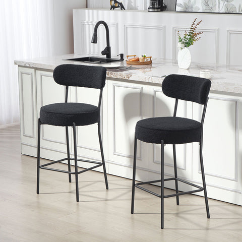 Rootz Set of 2 Bar Chairs - Upholstered Bar Stools - Kitchen Counter Chairs - Comfortable & Modern - Black Fleece, Footrest, 49x52x95 cm