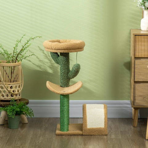 Rootz Cactus Design Cat Tree - Scratching Post - Climbing Cat Tree - Sisal Wrapped Posts - Chipboard Base - Teddy Velor - 40cm x 35cm x 72cm