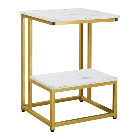 Rootz NeoRetro Side Table - Coffee Table - Bedside Table - Elegant Design - 45cm x 40cm x 61.5cm - Golden Steel & Marble Effect