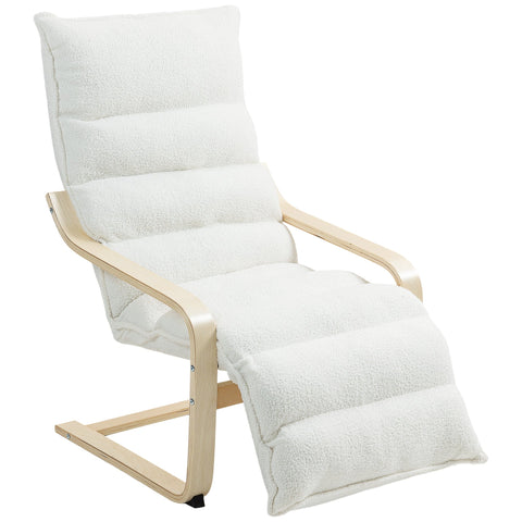 Rootz Lounge Armchair - Upholstered Armchair - Reading Chair - Adjustable Footrest - Birch Wood - 67cm x 93-114cm x 105cm - White