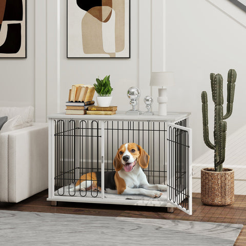 Rootz Dog Cage with Table - Pet Crate - Adjustable Feet - Washable Pillow - 90cm x 58cm x 62.5cm