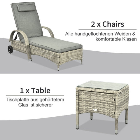 Rootz 3-delige set ligstoel - tuinligstoel - tuinmeubilair - weerbestendig - verstelbaar comfort - gemakkelijke mobiliteit - ligstoel: 200 cm x 73 cm x (30-103) cm, tafel: 40 cm x 40 cm x 40 cm