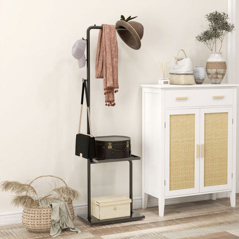 Rootz Coat Stand - Freestanding Coat Rack - Clothes Rail - 3 Hooks - Storage Compartment - Stable Steel Construction - Black - 45cm x 28cm x 148cm