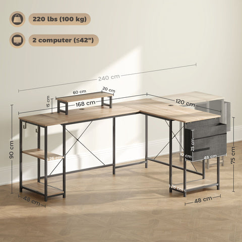 Rootz Modular Reversible Corner Desk - L-Shaped Desk - Industrial Style Desk - Ergonomic Screen Stand - 168-240cm x 48cm x 90cm